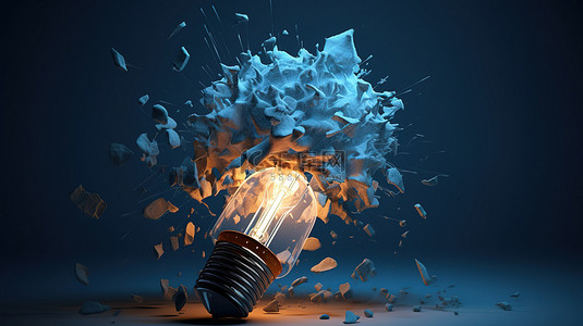 爆炸蓝色背景图片_创新解决方案蓝色爆炸灯泡的 3D 插图象征着创造性思维