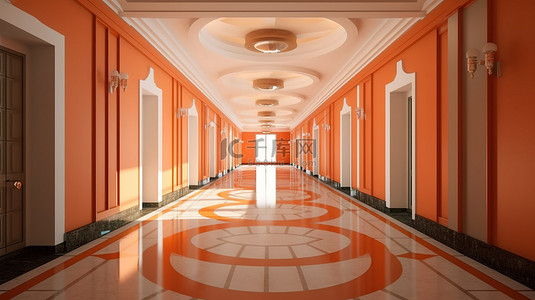 酒店房间门口背景图片_优雅且明亮的酒店综合体内部设有圆形装饰艺术大厅和走廊 3D 渲染