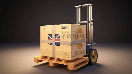 货物箱子背景图片_3D 渲染木托盘与澳大利亚制造的叉车和箱子