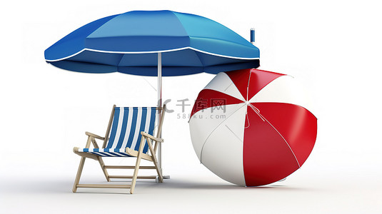 蓝色休息背景图片_热带天堂 3D 渲染白色和蓝色躺椅伞救生圈和沙滩球在白色背景