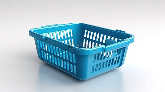时尚的蓝色购物篮，采用简约设计，隔离在白色背景 3D 渲染插图上