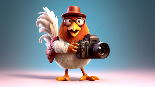 有趣的 3D 鸡艺术品用相机捕捉快照