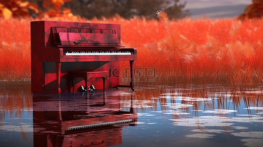 秋草河岸上充满活力的红色钢琴令人难以置信的 3D 特写镜头