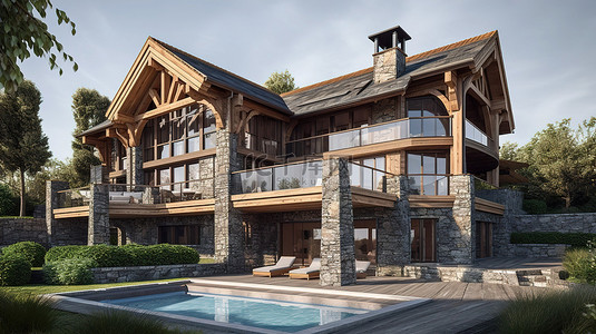 以木材和石材为特色的豪华别墅，配有游泳池和 3D 渲染花园