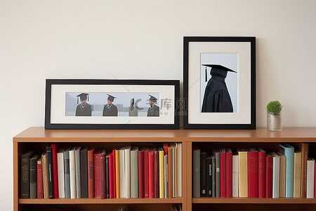 书架上的书架上装饰着毕业帽