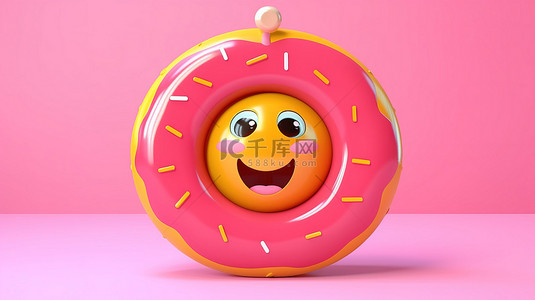 3D 渲染一个欢快的粉红色釉面甜甜圈吉祥物，在阳光明媚的黄色背景上携带救生圈