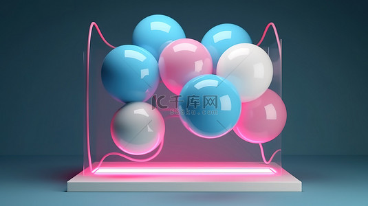 女孩气球背景图片_LED灯框衬托出粉蓝白3D气球的空灵之美