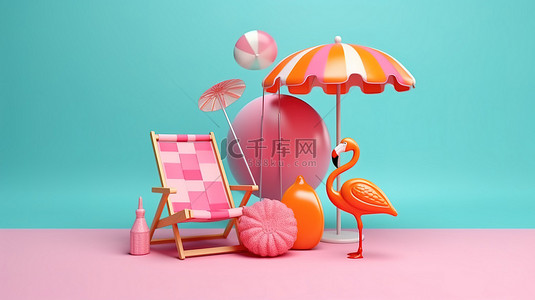 令人兴奋的夏日氛围火烈鸟浮伞相机沙滩球太阳镜和沙滩椅 3D 插图