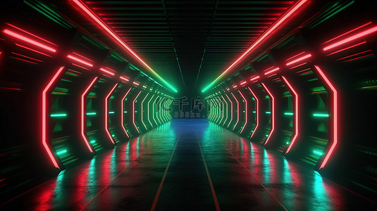 迪斯科灯光背景图片_黑暗中闪烁着绿色和红色灯光的未来通道的 3D 渲染