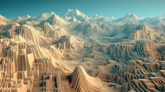 从 3d 渲染中基于立方体的盒子创建的超现实山丘或山脉的抽象地形景观