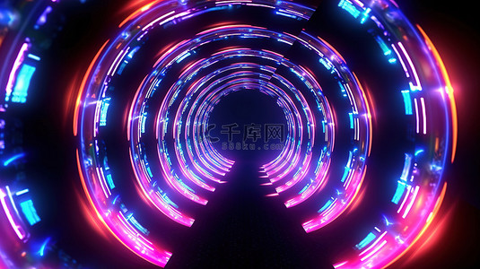 未来光隧道中辐射霓虹灯圈的垂直 3D 渲染