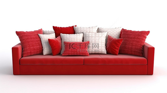 编码器背景图片_带枕头的红色布艺沙发在 3d 渲染中隐藏在白色背景中