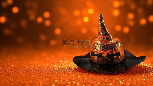 南瓜和南瓜花背景图片_3D 渲染闪闪发光的万圣节南瓜杰克灯笼与女巫帽子和橙色背景上的蝙蝠