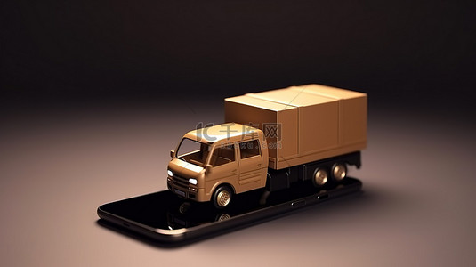 智能手机屏幕上显示的送货卡车的 3D 渲染图像