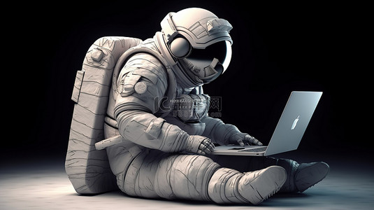 宇航员穿着宇航服从事笔记本电脑工作创意插画设计的 3d 可视化