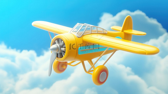 翱翔在云层之上的玩具飞机的 3D 渲染