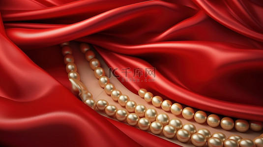 金色珍珠为由豪华缎面材料 3D 渲染制成的抽象红色织物背景纹理增添优雅