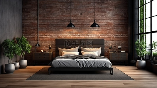 现代阁楼卧室配有时尚的木地板和时尚的黑砖墙室内设计的 3D 渲染
