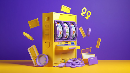 卡通老虎机背景图片_黄色和蓝色紫色背景下的卡通 3D 老虎机和优惠券信封