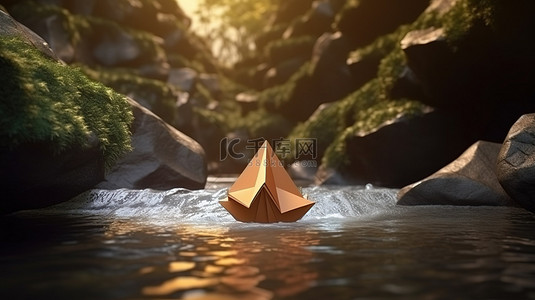 探险的探险之旅背景图片_意想不到的冒险 3D 渲染中纸船的瀑布之旅