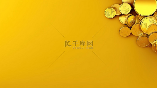 金币黄色背景图片_黄色背景上欧元符号金币的 3D 插图，具有充足的复制空间