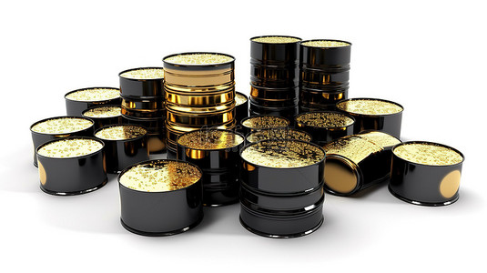 黑色工业背景图片_在白色背景上隔离的金条和油桶的 3D 渲染