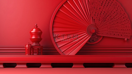 红色背景的背景图片_3D 渲染中带有中国扇墙的红色东方展示台模型