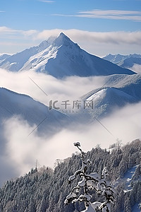 雪云背景图片_一座白雪覆盖的山和树木，上面有云