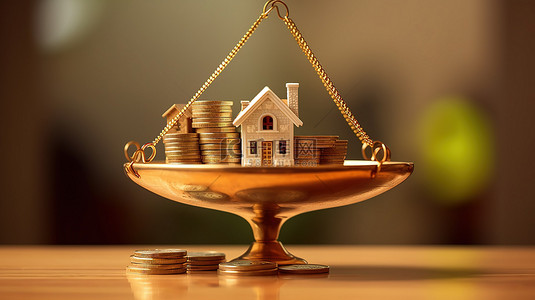平衡投资 3D 渲染硬币和房屋的规模代表房地产抵押贷款概念