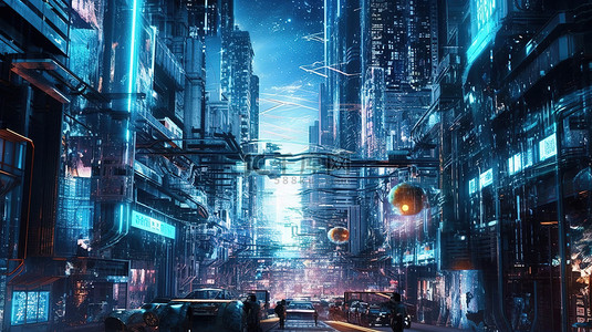 虚拟宇宙中的未来城市景观 3D 渲染