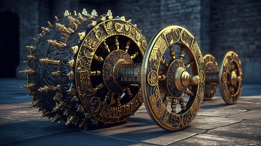 卡尔达诺攻城武器的 3d 渲染，大炮车轮是一股不可忽视的力量