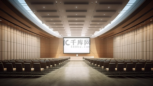 会议礼堂背景图片_带空座位和投影屏幕的礼堂内部 3D 渲染