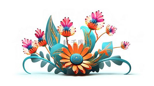 3D 渲染植物装饰与民间艺术花卉贺卡插图