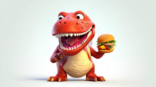 滑稽的 3D 红色恐龙人物抓着美味的汉堡