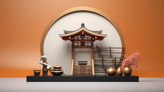 桃树开花背景图片_用于产品展示和品牌推广的日本风格建筑平台的 3D 渲染