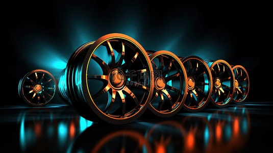 霓虹灯黑色背景上黑色轮子的时尚 3D 插图