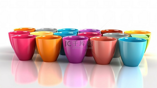 各种彩色杯子在 3D 渲染隔离在白色背景