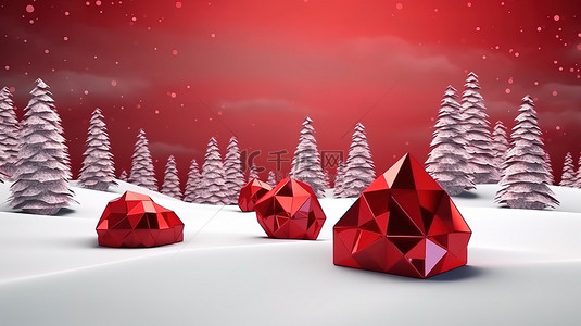低聚风格红色圣诞树礼品盒和石头 3D 渲染