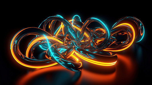 具有发光的橙色和蓝色色调的抽象霓虹灯 3D 渲染
