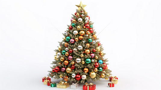 圣诞树的节日 3D 渲染，在白色背景上装饰着装饰品