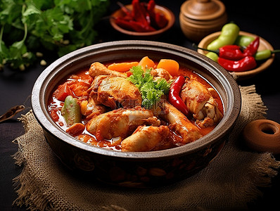 鸡肉鸭肉背景图片_一碗鸡肉放在锅里，里面有香料和蔬菜