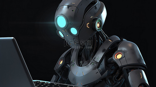 人工智能渲染中的计算机笔记本和 3d android 机器人