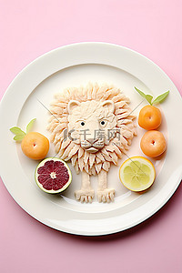 英语可爱背景图片_白盘上的狮子，上面有水果