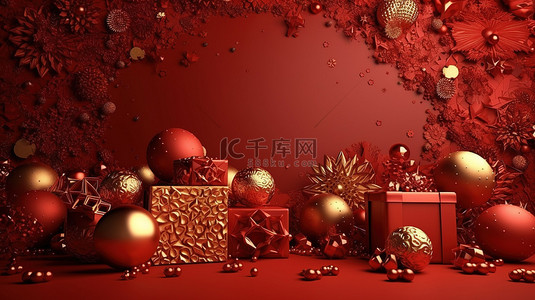 节日圣诞节场景，以 3D 渲染的红色和金色背景为特色，装饰着礼品盒雪花和装饰品
