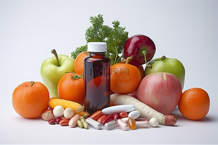补充瓶背景图片_一瓶含有维生素补充剂胡萝卜和水果的药物
