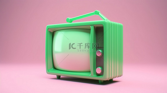 复古绿色电视，具有卡通美学，在 3D 渲染中充满活力的粉红色背景