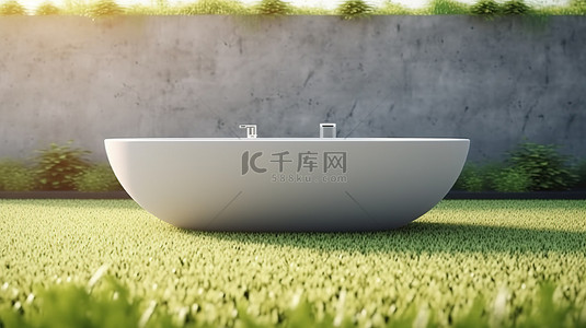 真实房间背景图片_绿草上空白色浴缸的 3D 渲染，真实地描绘