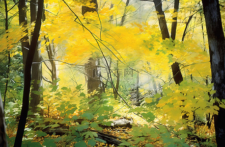 黄色枫叶的背景图片_中间有黄色叶子的森林