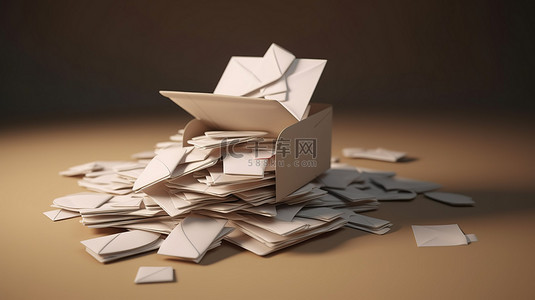 一堆密封的信件，上面有一个打开的信封和一张空白卡片，在 3D 渲染中
