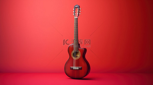 声音红色背景图片_充满活力的红色背景下古典吉他的 3D 插图